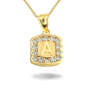 Gold Hammered CZ Initial Letter Pendant Necklace