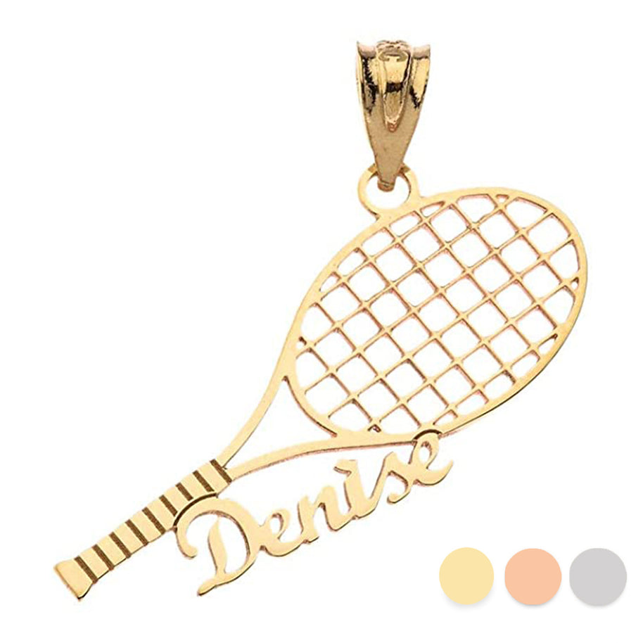 Gold Personalized Name Tennis Racket Sports Pendant Necklace (Available in Yellow/Rose/White Gold)