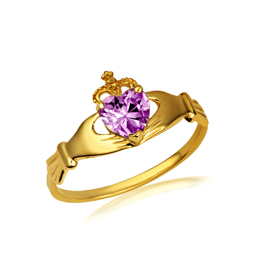 Gold Irish Celtic Claddagh Heart Birthstone Ring (Available in Yellow/White Gold)