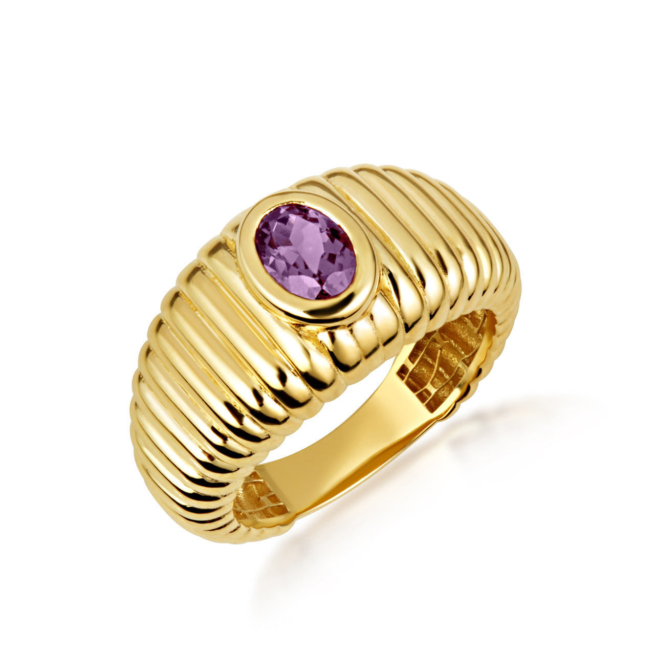 Gold Oval Birthstone Ribbed Cocktail Ring (Available in Yellow/Rose/White Gold)