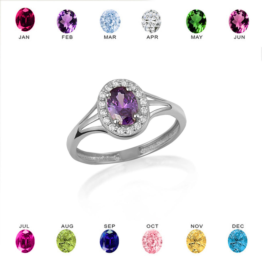 .925 Sterling Silver Custom Oval Birthstone Cubic Zirconia Halo Ring
