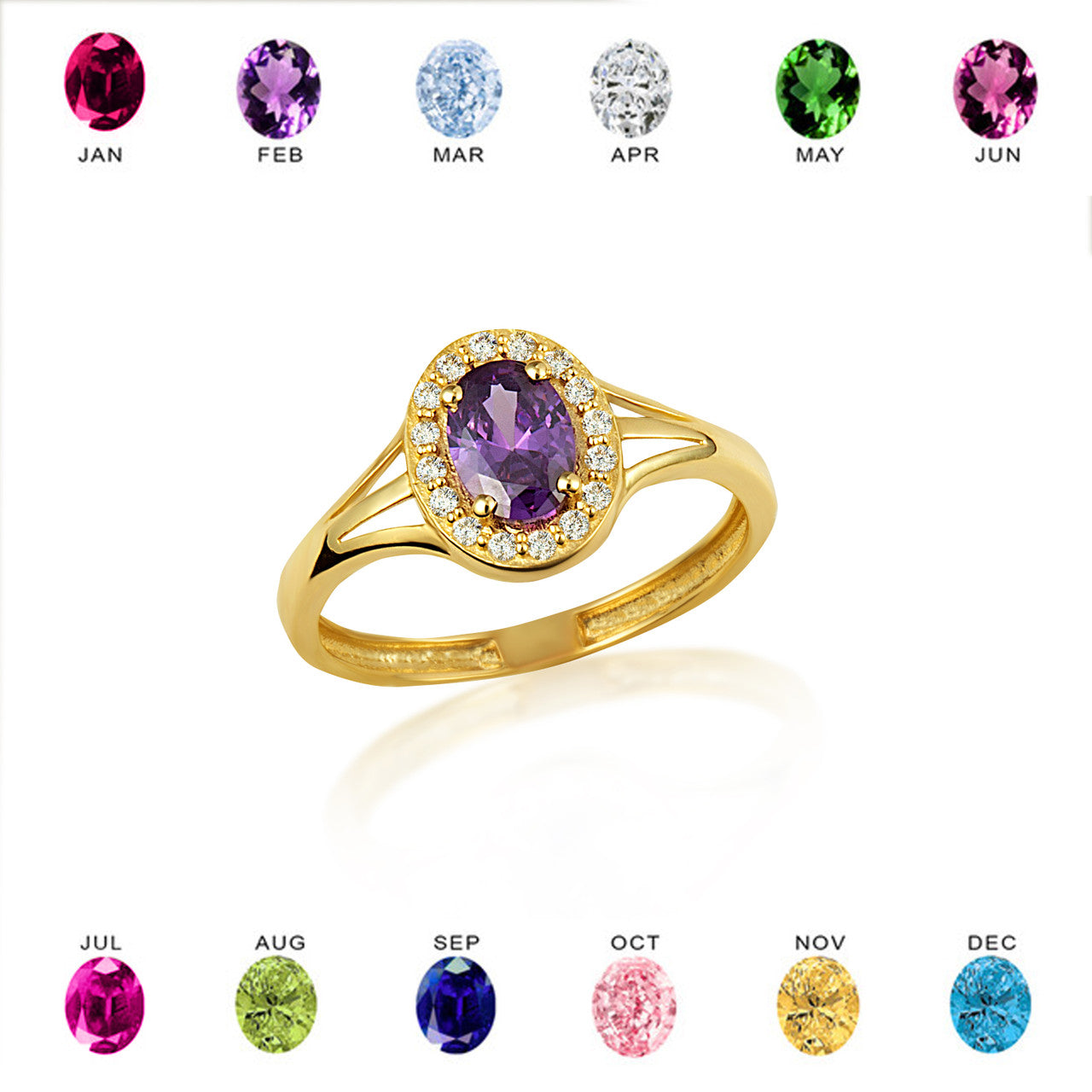 Gold Custom Oval Birthstone Cubic Zirconia Halo Ring (Available in Yellow/Rose/White Gold)