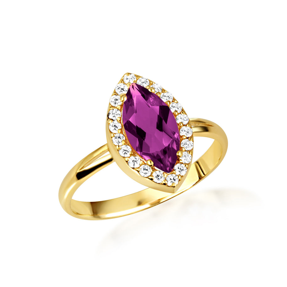 Gold Marquise Cut Birthstone Halo Ring (Available in Yellow /Rose/White Gold)