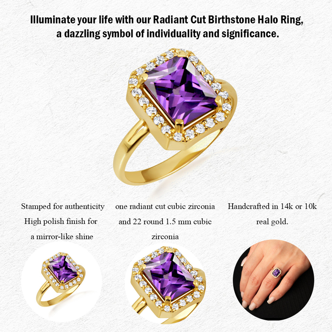 Gold Radiant Cut CZ Birthstone Halo Ring (Available in Yellow/Rose/White Gold)