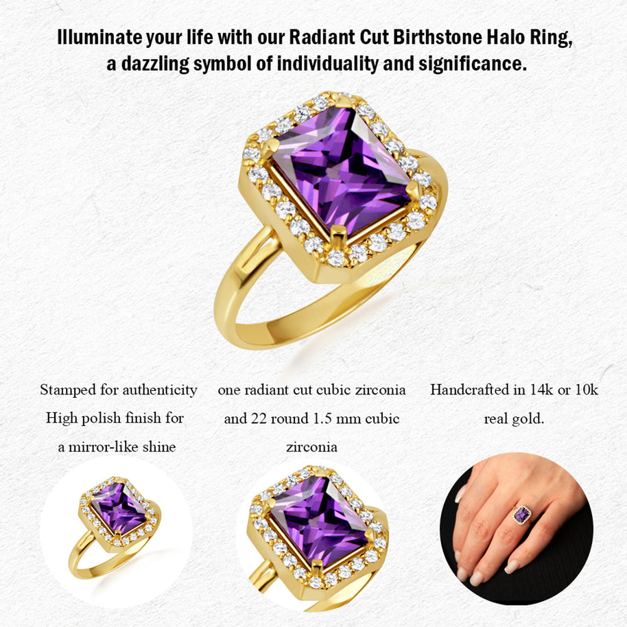Gold Radiant Cut CZ Birthstone Halo Ring (Available in Yellow/Rose/White Gold)