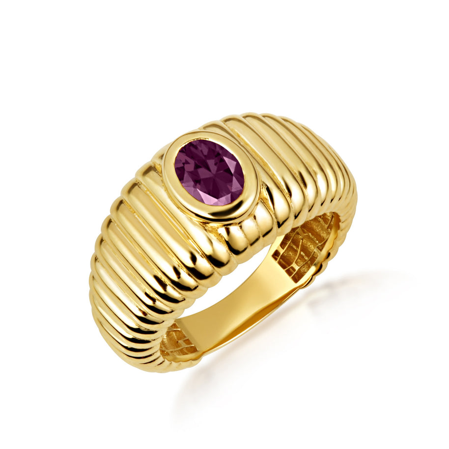 Gold Oval Birthstone Ribbed Cocktail Ring (Available in Yellow/Rose/White Gold)