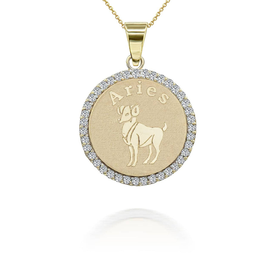 Gold Personalized Zodiac Sign Diamond Medallion Pendant Necklace (Available in Yellow/Rose/White Gold)