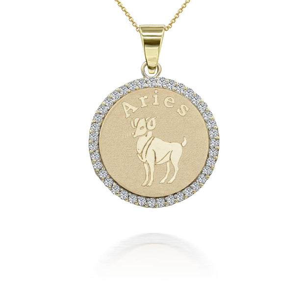 Gold Personalized Zodiac Sign Diamond Medallion Pendant Necklace (Available in Yellow/Rose/White Gold)