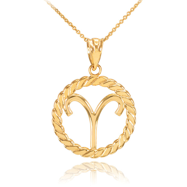 12 Gold Astrological Zodiac Sign in Circle Rope Pendant Necklace (Available in Yellow/Rose/White Gold)