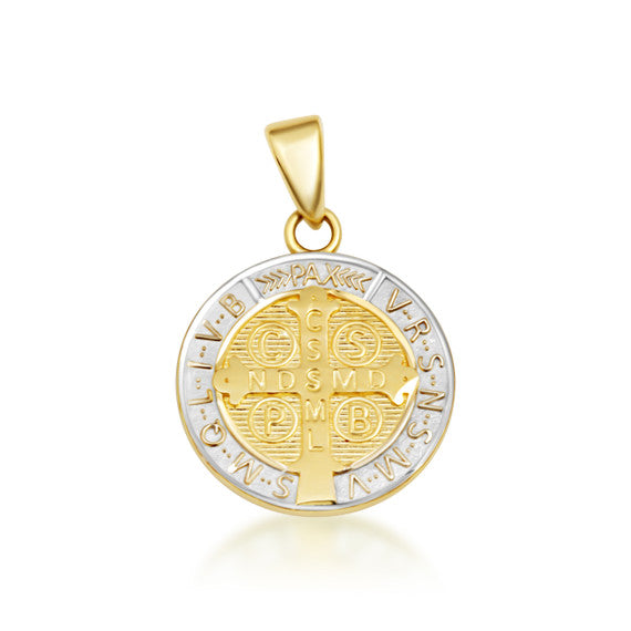 Two-Tone Gold Saint Benedict Cross Medallion Reversible Pendant Necklace