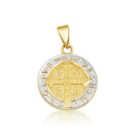 Two-Tone Gold Saint Benedict Cross Medallion Reversible Pendant Necklace