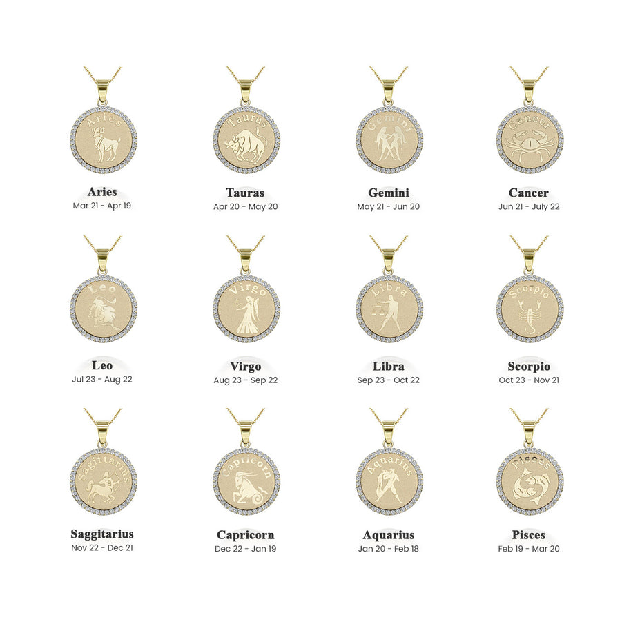 Gold Personalized Zodiac Sign Diamond Medallion Pendant Necklace (Available in Yellow/Rose/White Gold)