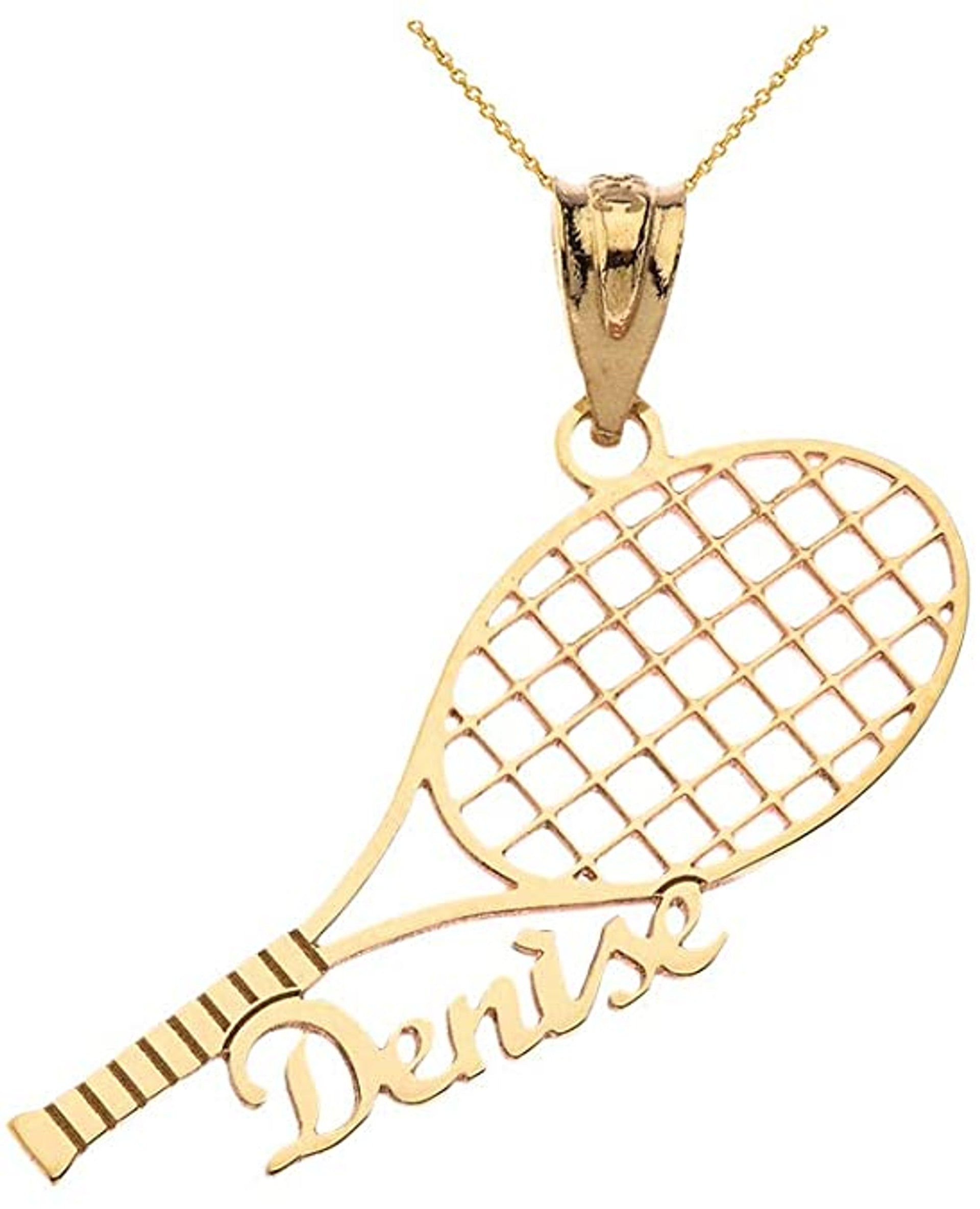 Gold Personalized Name Tennis Racket Sports Pendant Necklace (Available in Yellow/Rose/White Gold)