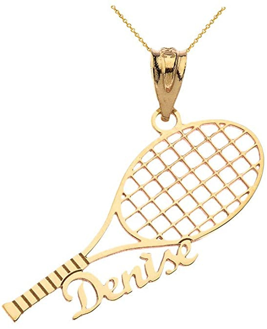 Gold Personalized Name Tennis Racket Sports Pendant Necklace (Available in Yellow/Rose/White Gold)