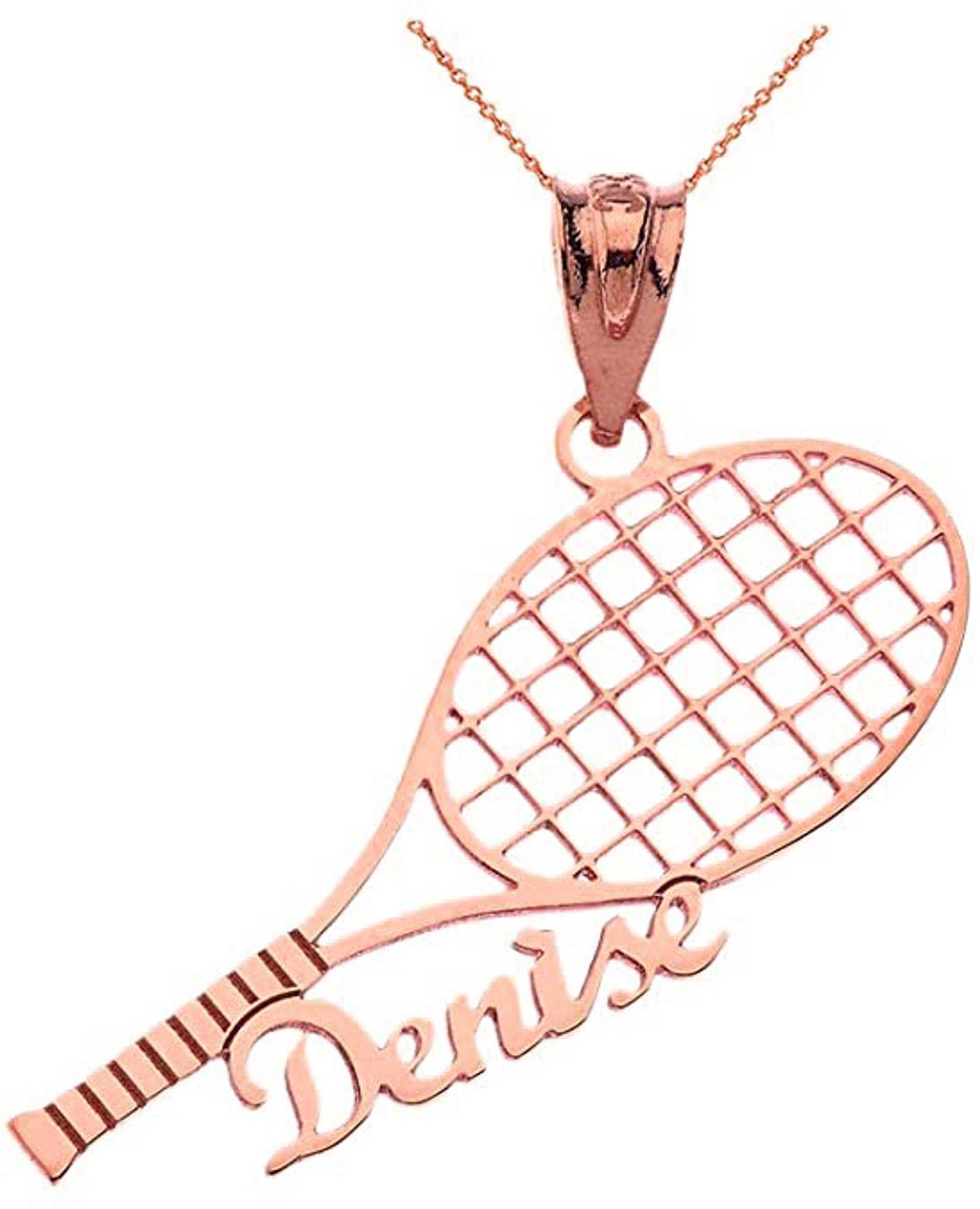 Gold Personalized Name Tennis Racket Sports Pendant Necklace (Available in Yellow/Rose/White Gold)