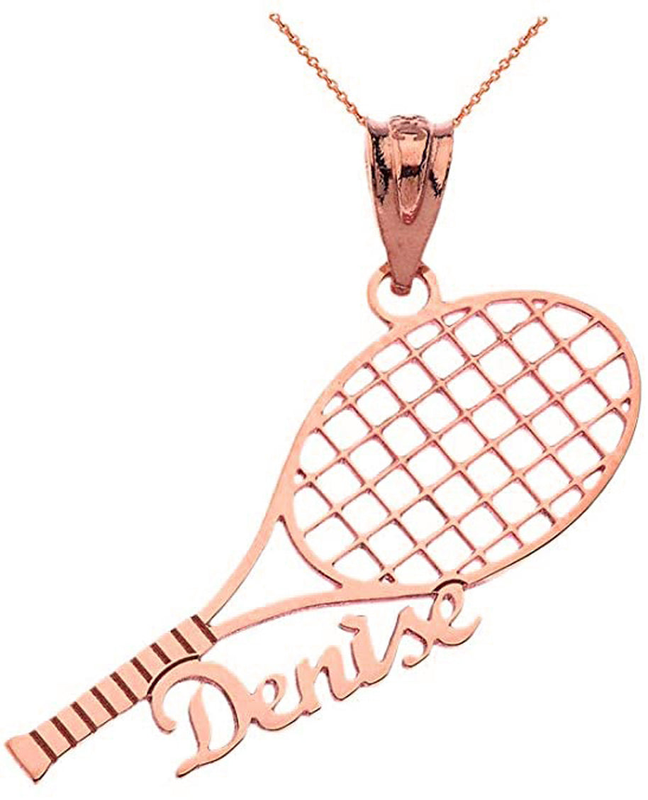 Gold Personalized Name Tennis Racket Sports Pendant Necklace (Available in Yellow/Rose/White Gold)