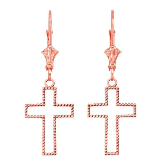 Two Sided Beaded Open Cross Earrings(Available in Yellow/Rose/White Gold)