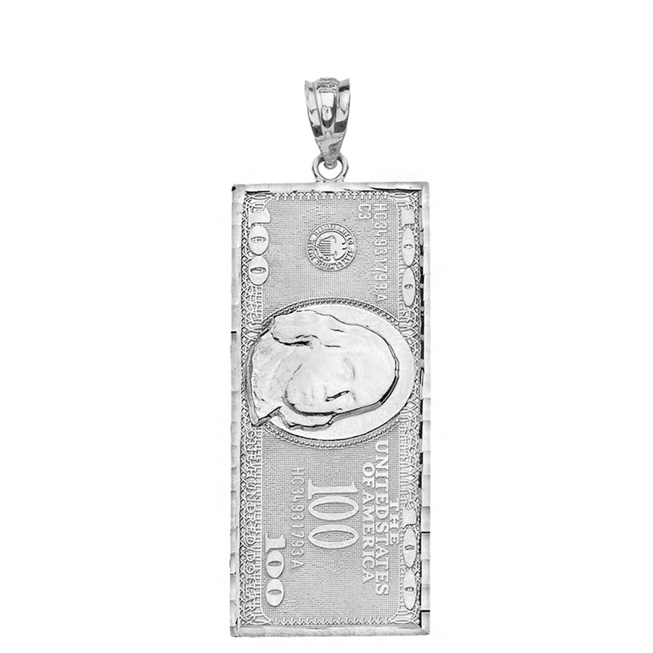 Sterling Silver Benjamin Franklin United States American Hundred Dollar Bill Pendant Necklace (Large)