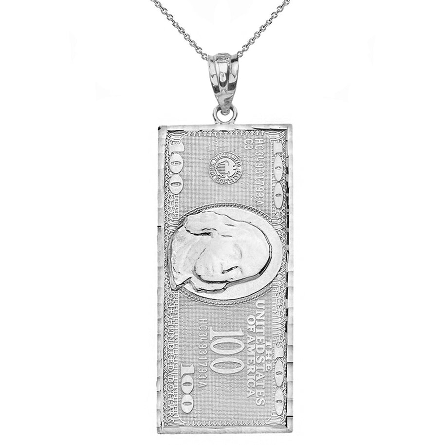 Sterling Silver Benjamin Franklin United States American Hundred Dollar Bill Pendant Necklace (Large)