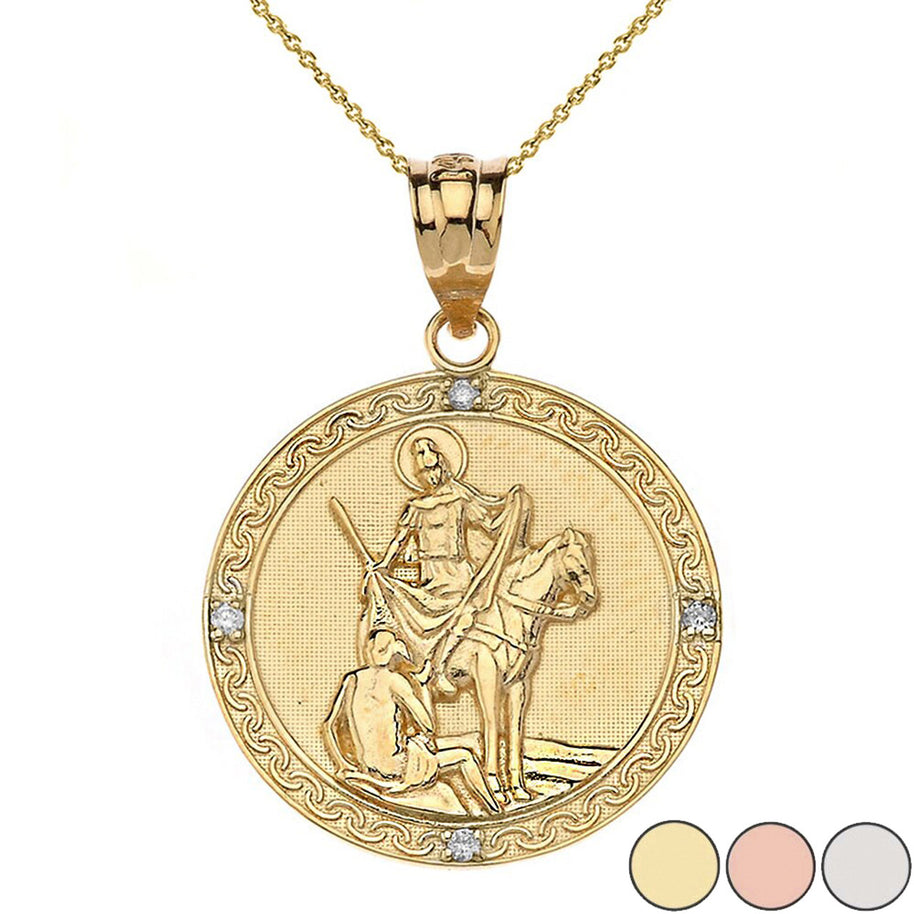 Engravable Diamond Saint Martin of Tours Pray For Us Circle Pendant Necklace (1.15") in Gold (Yellow/Rose/White/Two Tone Gold))