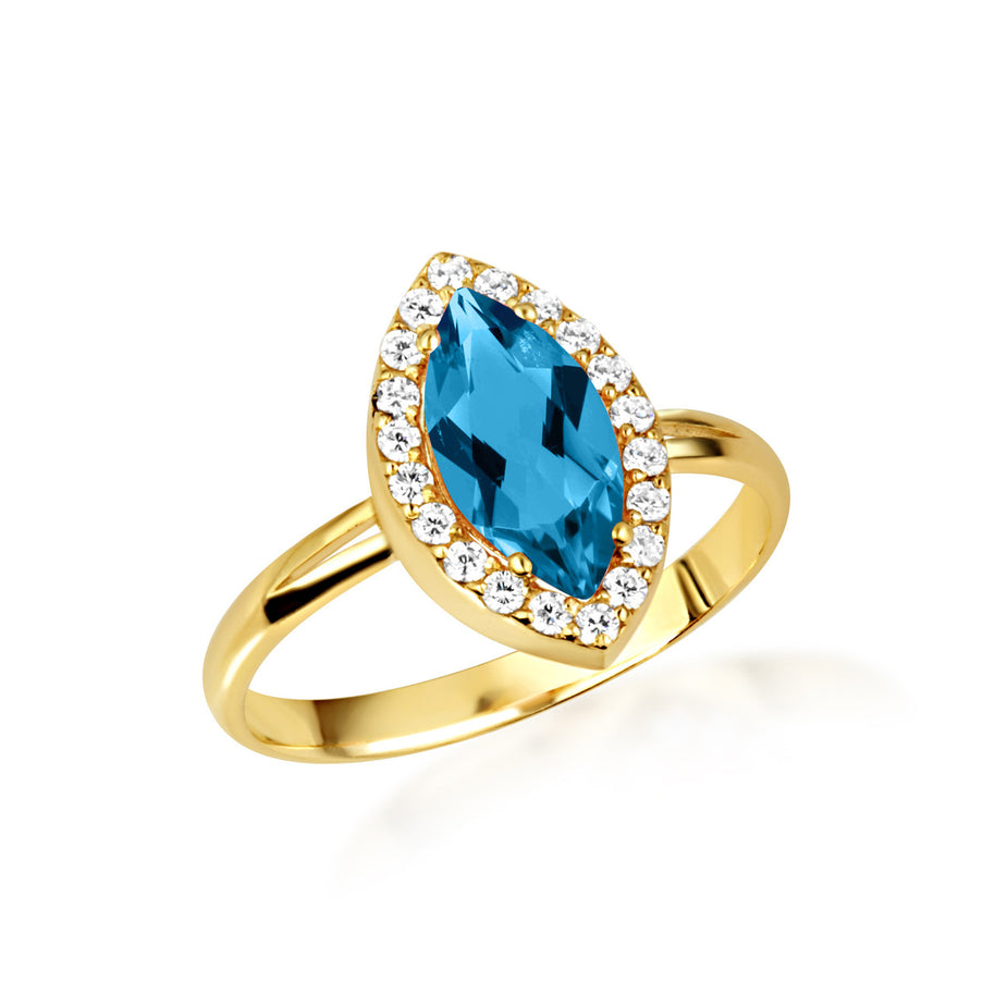 Gold Marquise Cut Birthstone Halo Ring (Available in Yellow /Rose/White Gold)