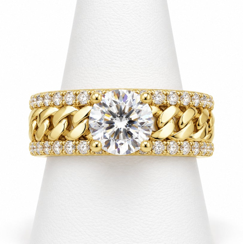 10K Yellow Gold Women's Curb Link CZ Solitaire Ring