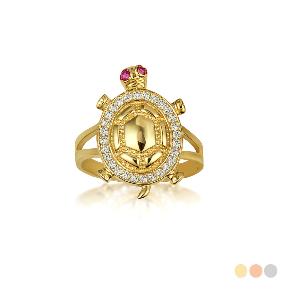 Gold Sea Turtle Cubic Zirconia Studded Ring 1mm (Available in Yellow/Rose/White Gold)