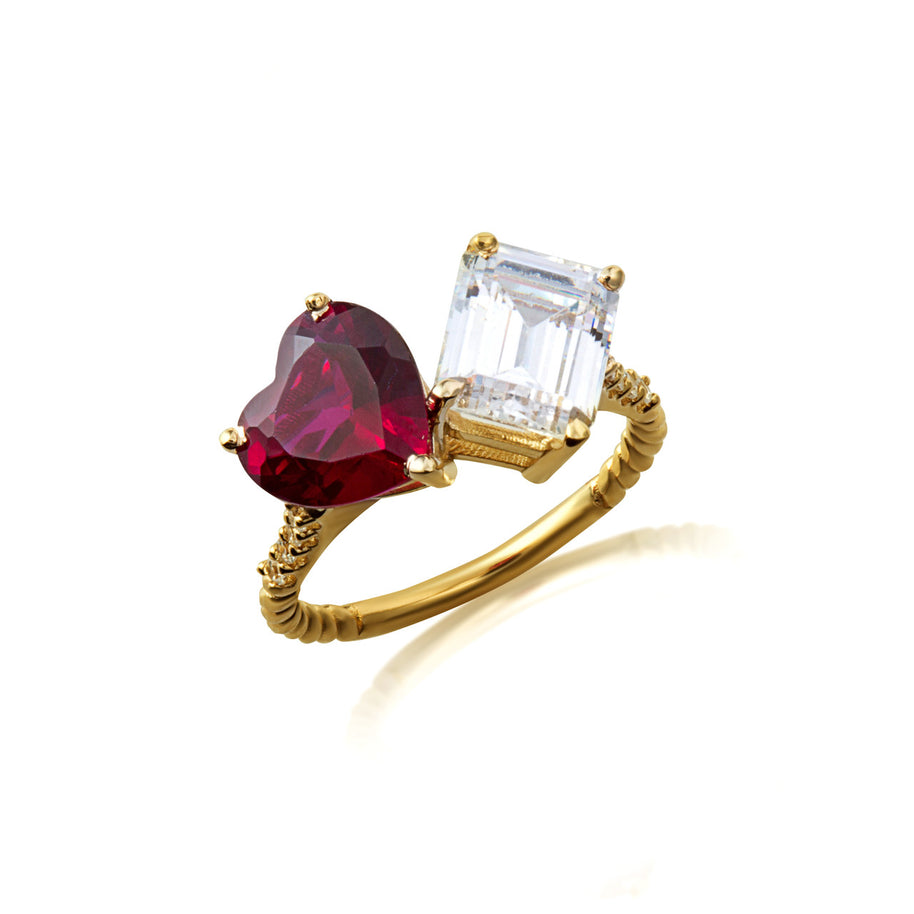 Gold Toi Et Moi Heart & Emerald Cut Gemstone Roped Twist Diamond Ring (Available in Yellow/Rose/White Gold)