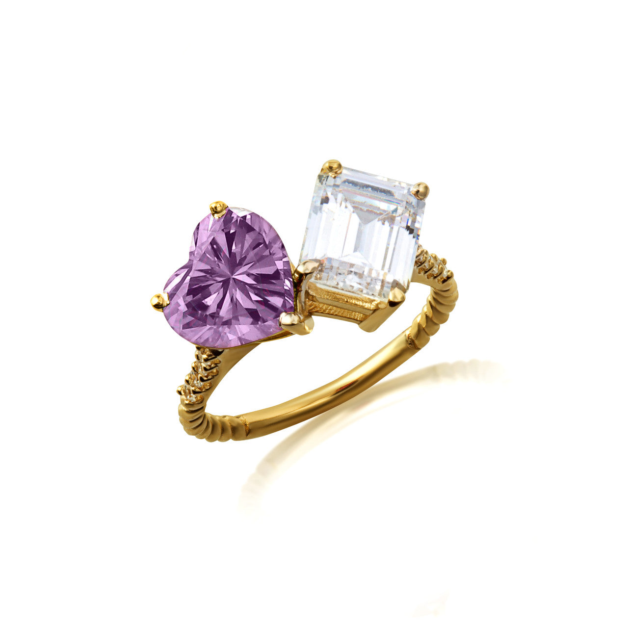 Gold Toi Et Moi Heart & Emerald Cut Gemstone Roped Twist Diamond Ring (Available in Yellow/Rose/White Gold)