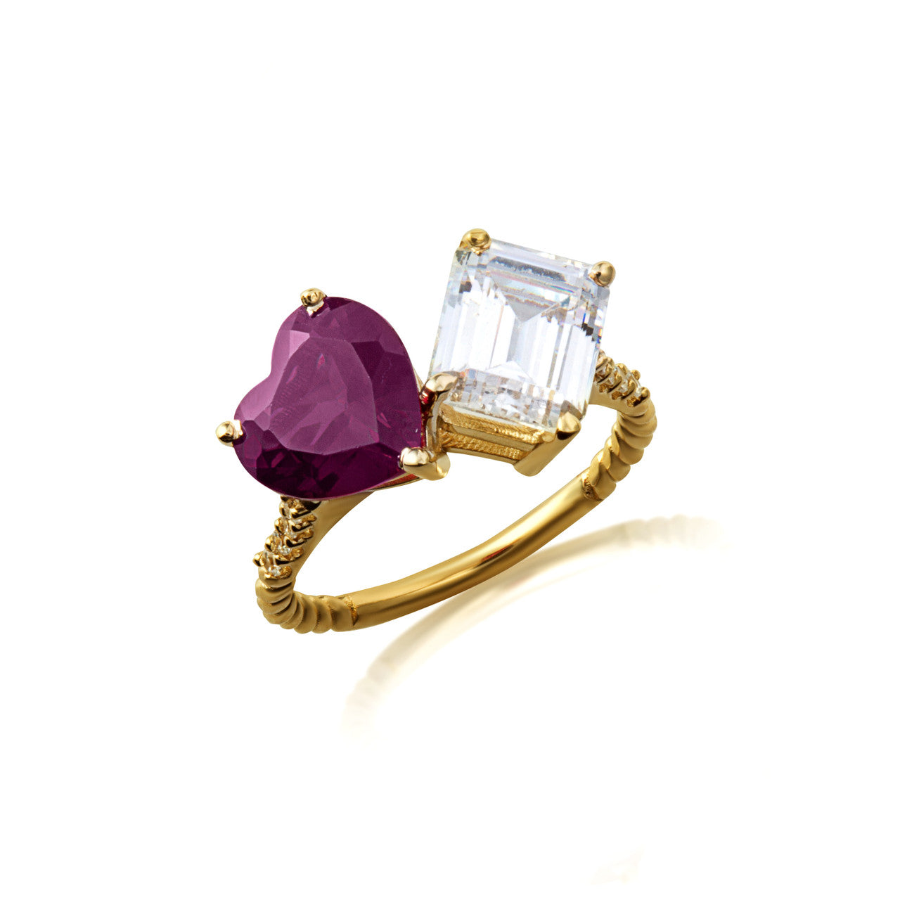 Gold Toi Et Moi Heart & Emerald Cut Gemstone Roped Twist Diamond Ring (Available in Yellow/Rose/White Gold)