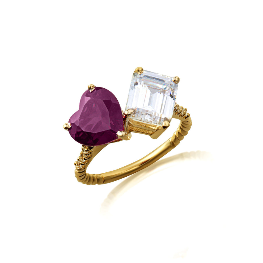 Gold Toi Et Moi Heart & Emerald Cut Gemstone Roped Twist Diamond Ring (Available in Yellow/Rose/White Gold)