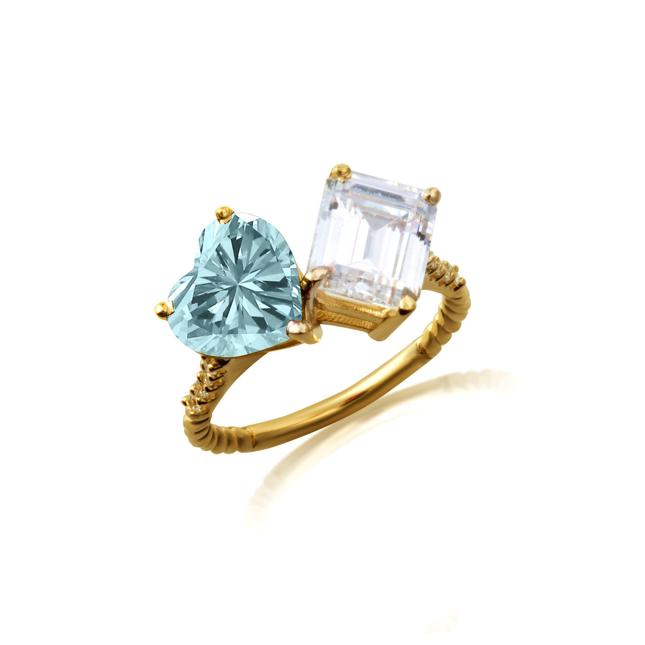 Gold Toi Et Moi Heart & Emerald Cut Gemstone Roped Twist Diamond Ring (Available in Yellow/Rose/White Gold)
