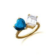 Gold Toi Et Moi Heart & Emerald Cut Gemstone Roped Twist Diamond Ring (Available in Yellow/Rose/White Gold)