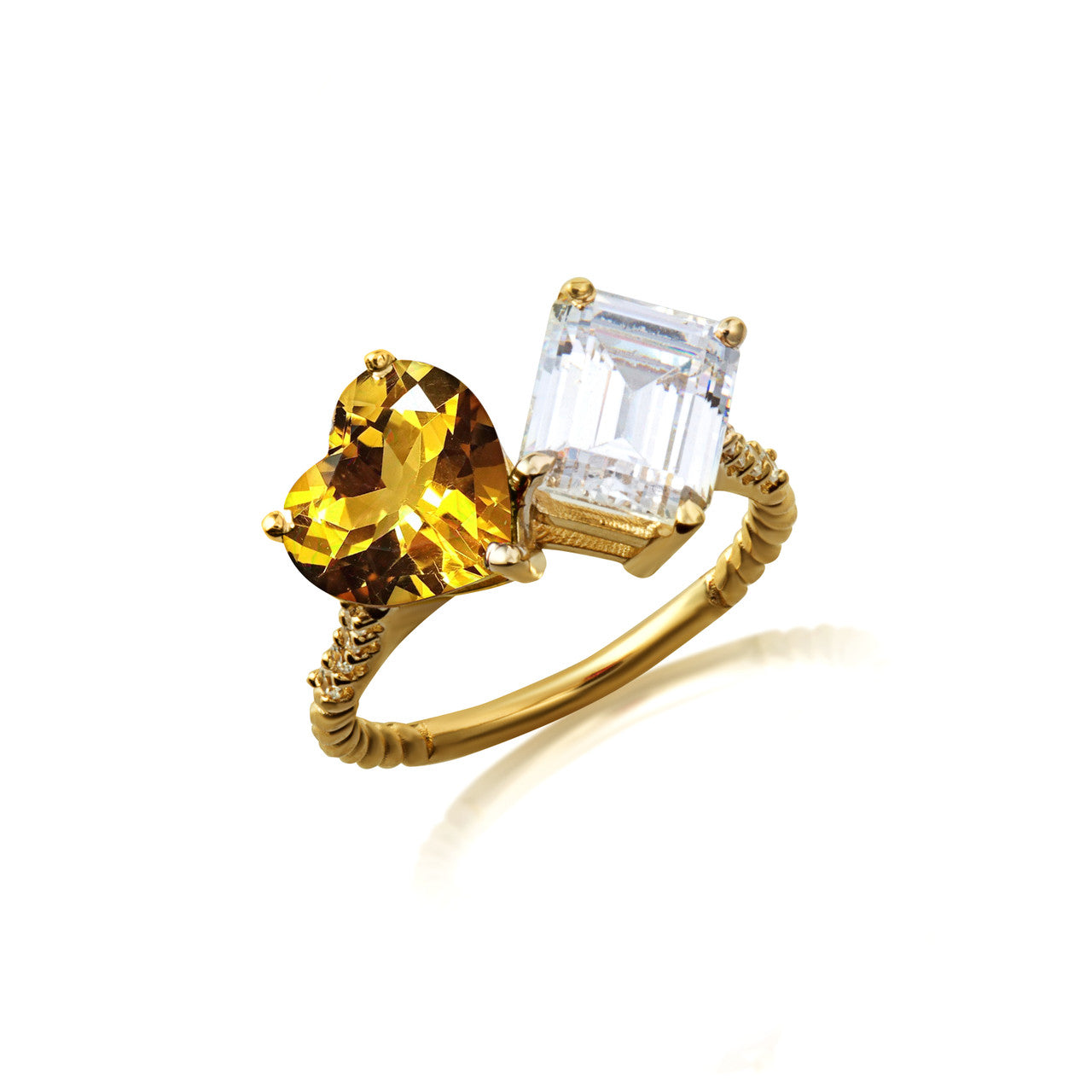 Gold Toi Et Moi Heart & Emerald Cut Gemstone Roped Twist Diamond Ring (Available in Yellow/Rose/White Gold)