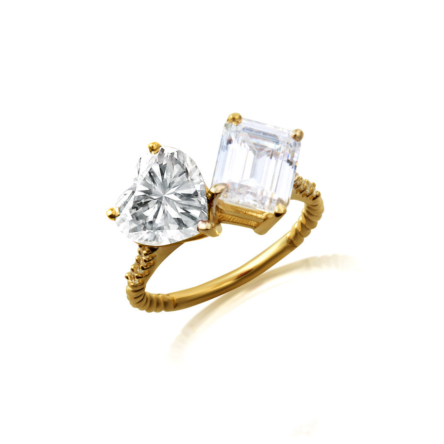 Gold Toi Et Moi Heart & Emerald Cut Gemstone Roped Twist Diamond Ring (Available in Yellow/Rose/White Gold)