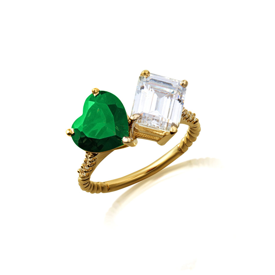 Gold Toi Et Moi Heart & Emerald Cut Gemstone Roped Twist Diamond Ring (Available in Yellow/Rose/White Gold)