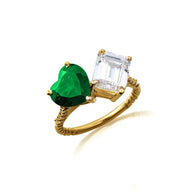 Gold Toi Et Moi Heart & Emerald Cut Gemstone Roped Twist Diamond Ring (Available in Yellow/Rose/White Gold)