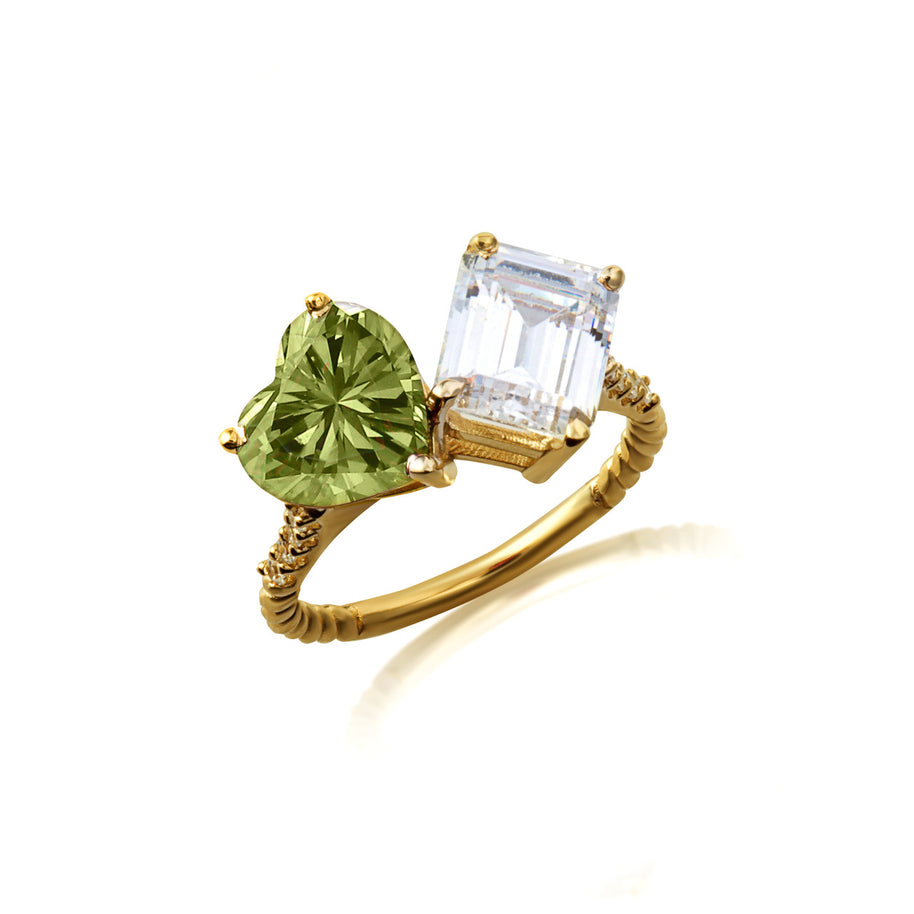 Gold Toi Et Moi Heart & Emerald Cut Gemstone Roped Twist Diamond Ring (Available in Yellow/Rose/White Gold)