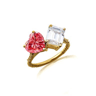 Gold Toi Et Moi Heart & Emerald Cut Gemstone Roped Twist Diamond Ring (Available in Yellow/Rose/White Gold)