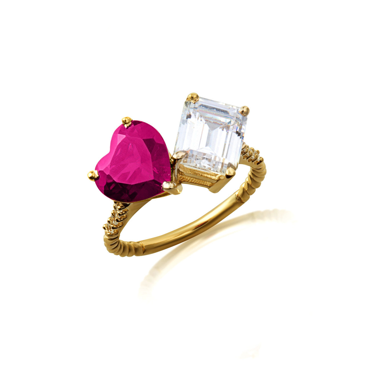 Gold Toi Et Moi Heart & Emerald Cut Gemstone Roped Twist Diamond Ring (Available in Yellow/Rose/White Gold)