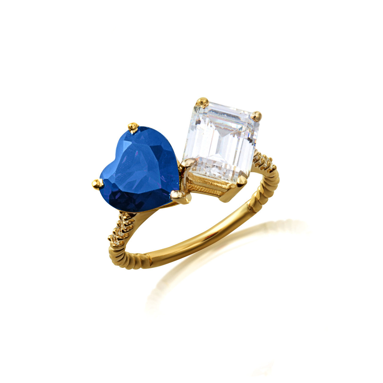 Gold Toi Et Moi Heart & Emerald Cut Gemstone Roped Twist Diamond Ring (Available in Yellow/Rose/White Gold)