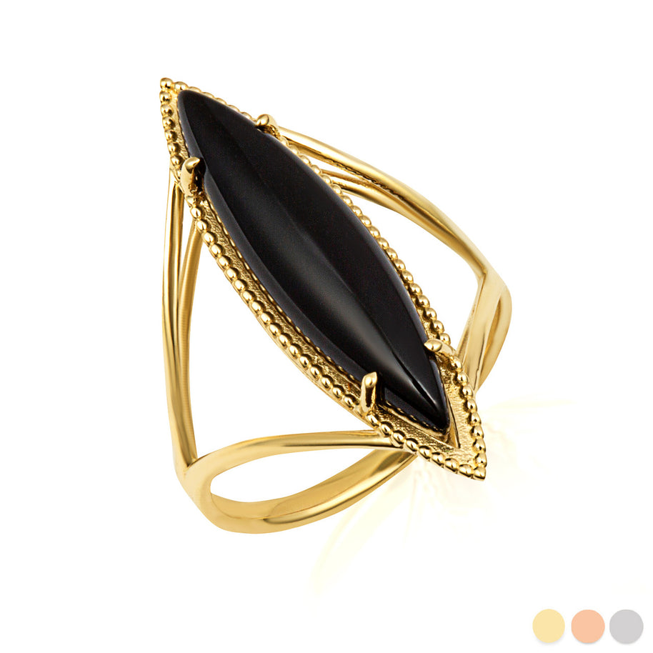 Gold Elongated Marquise Cut Black Onyx Gemstone Milgrain Ring (Available in Yellow/Rose/White Gold)