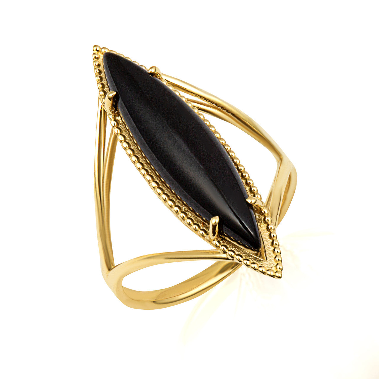 Gold Elongated Marquise Cut Black Onyx Gemstone Milgrain Ring (Available in Yellow/Rose/White Gold)