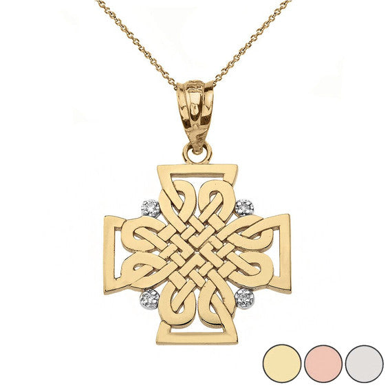 Gold Diamond Celtic Knot Irish Cross Pendant Necklace (Available in Yellow/Rose/White Gold)