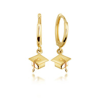 Yellow Gold Graduation Cap Drop Huggie Hoop Earrings