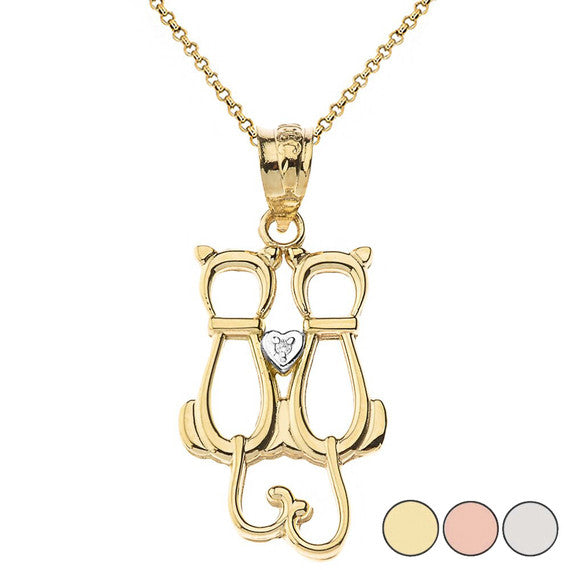 Gold Pet Cats Silhouette Diamond Heart Pendant Necklace (Available in Yellow/Rose/White Gold)