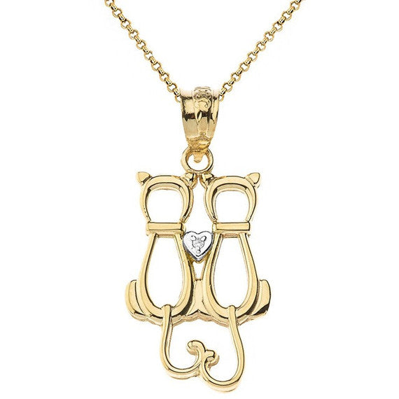 Gold Pet Cats Silhouette Diamond Heart Pendant Necklace (Available in Yellow/Rose/White Gold)