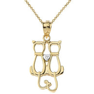 Gold Pet Cats Silhouette Diamond Heart Pendant Necklace (Available in Yellow/Rose/White Gold)