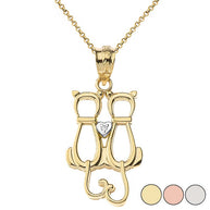 Gold Pet Cats Silhouette Diamond Heart Pendant Necklace (Available in Yellow/Rose/White Gold)