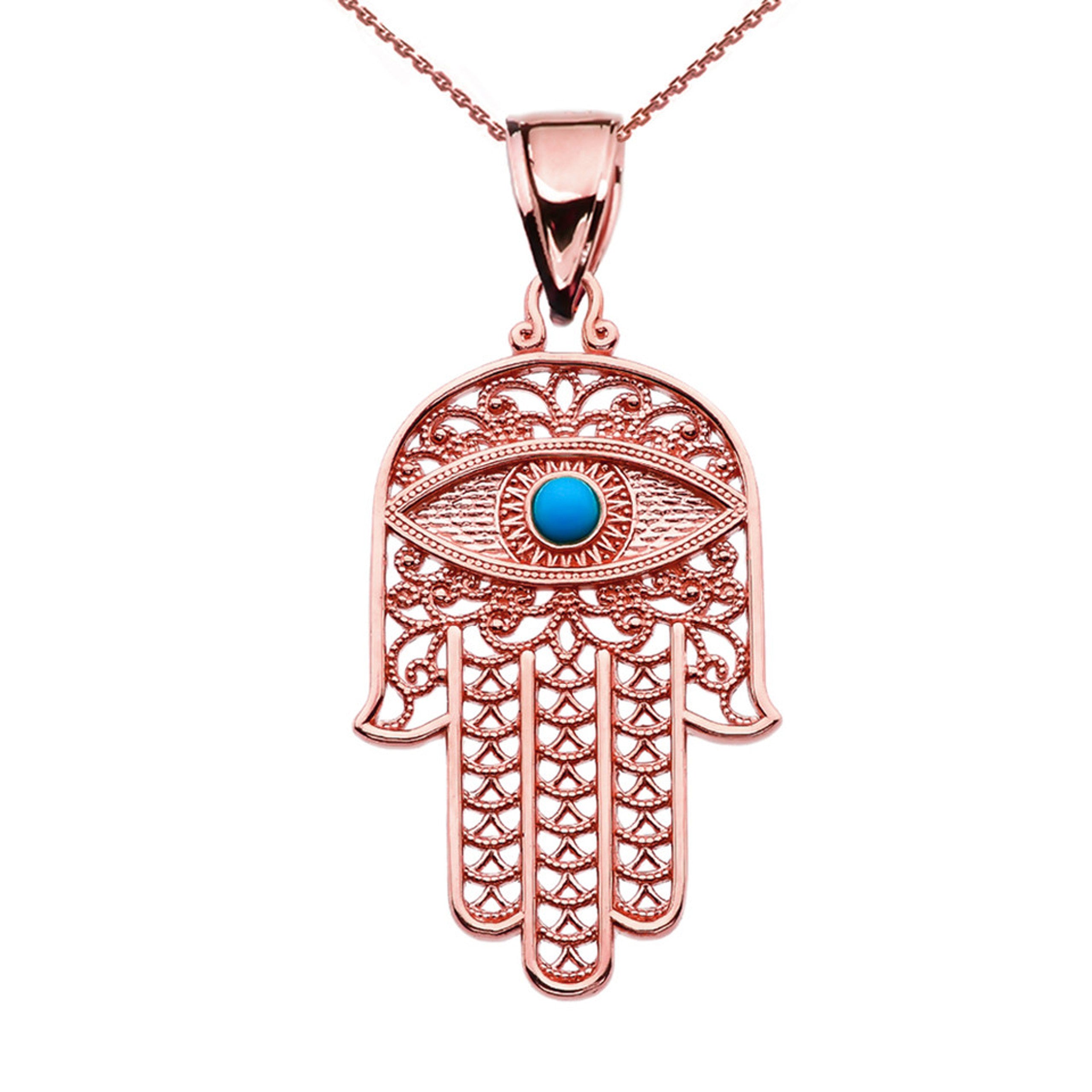 Gold Filigree Hamsa Hand Turquoise Gemstone Evil Eye Beaded Pendant Necklace (Available in Yellow/Rose/White Gold)